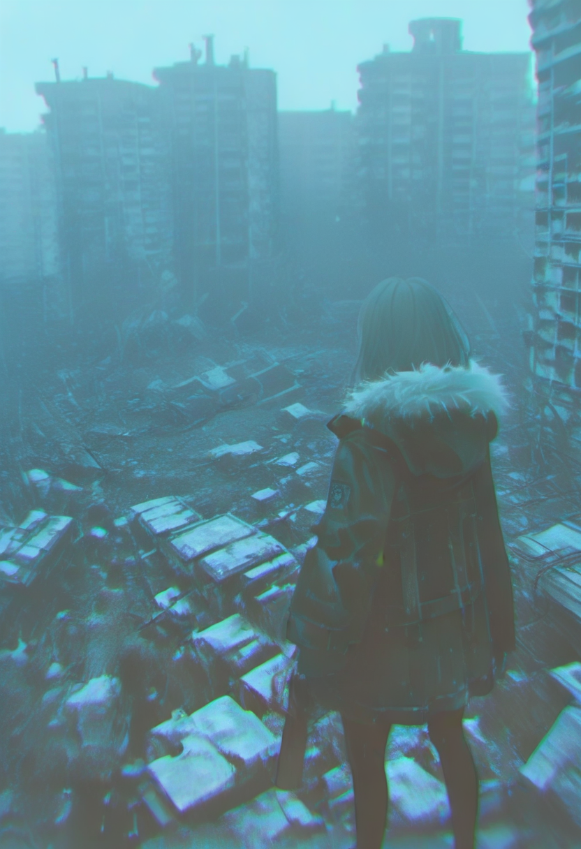 1girl, ruins, solo, chromatic aberration, building, from behind, fur trim, outdoors, standing, post-apocalypse, jacket, holding, overgrown, rubble, coat, gun, facing away, pantyhose, hood, hood down, city, long sleeves, weapon, blue theme, holding gun <lora:748cmXL_NB11_lokr_V6311P:0.95>