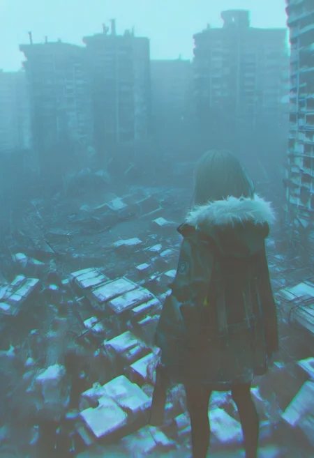 1girl, ruins, solo, chromatic aberration, building, from behind, fur trim, outdoors, standing, post-apocalypse, jacket, holding, overgrown, rubble, coat, gun, facing away, pantyhose, hood, hood down, city, long sleeves, weapon, blue theme, holding gun <lora:748cmXL_NB11_lokr_V6311P:0.95>