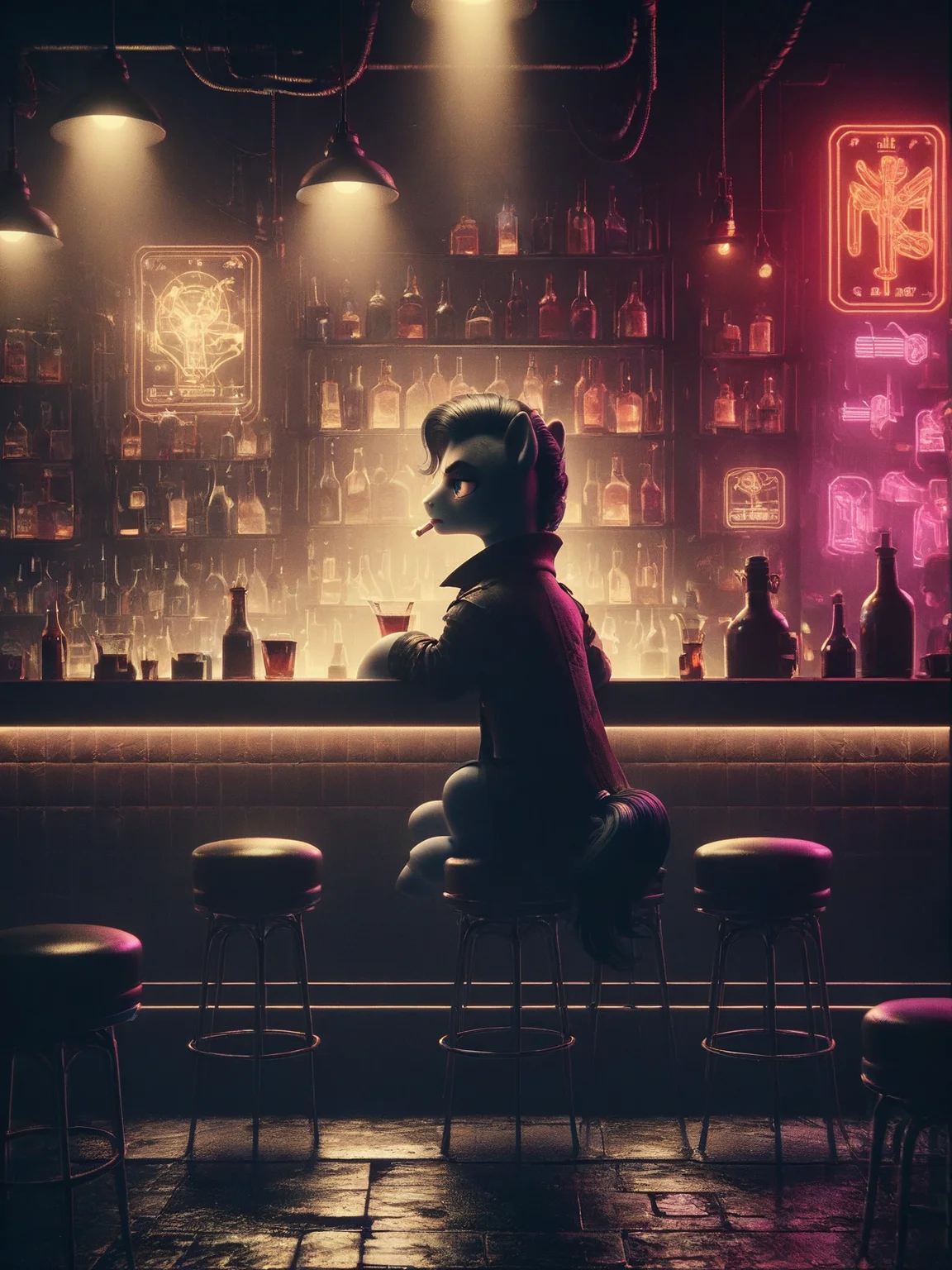 score_9, score_8_up, score_7_up, pony smoking in a bar, 1940, noir <lora:Neon_Noir_Pony:0.8>