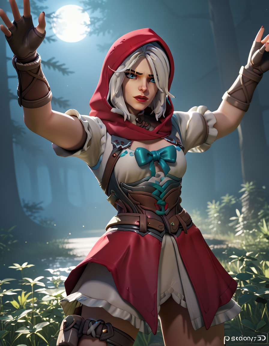 score_9, score_8_up, score_7_up, 1girl, 3d, solo focus, red hood ashe, ashe (overwatch) , in a forest <lora:Redhood_ashe_pony-000040:1> Legs apart arms outstretched