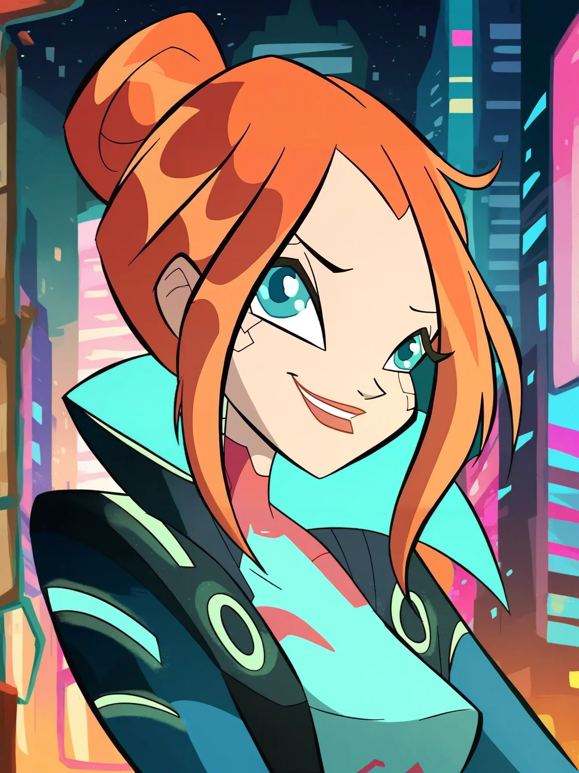 <lora:Bloom:0.7> bl_oom, 1girl, ginger hair, blue eyes,  cyberpunk girl, cyberpunk outfit, night city,, score_9, score_8_up, score_7_up,