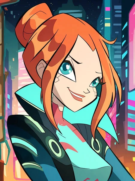 <lora:Bloom:0.7> bl_oom, 1girl, ginger hair, blue eyes, cyberpunk girl, cyberpunk outfit, night city,, score_9, score_8_up, score_7_up,