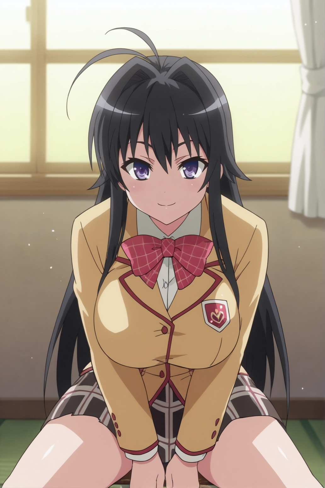score_9, score_8_up, score_7_up,anime_source, source_anime, best background, detailed background, anime screencap,  Chizuri, 1girl, ahoge, long hair, school uniform, solo, black hair, seductive body, naughty face, huge breasts, bow, sit, dynamic angle, dynamic pose, dynamic camera, legs apart, eat, light smile,  indoors,  <lora:JN_Chizuru_Minamoto:0.8>