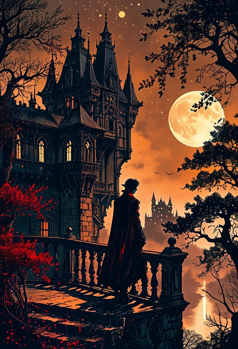 linquivera, Ink illustration, (anime:0.5), brown tones, aged black red paper, inkpunk, moonlight,surreal, a vampire lord standing on a castle balcony in the forest, (at a distance), Will-o'-the-wisp, moonlit, lonely, solitude, windy, tall trees, willows, willowy, OverallDetail, extremely detailed, UHD,(long exposure , dystopian but extremely beautiful:1.4),