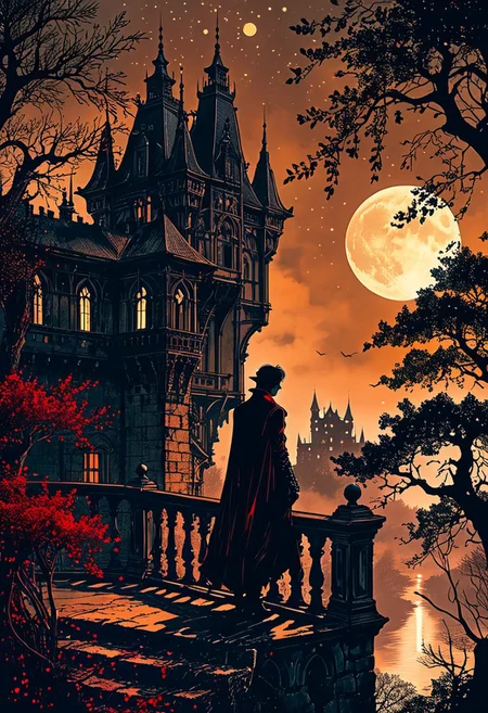linquivera, Ink illustration, (anime:0.5), brown tones, aged black red paper, inkpunk, moonlight,surreal, a vampire lord standing on a castle balcony in the forest, (at a distance), Will-o'-the-wisp, moonlit, lonely, solitude, windy, tall trees, willows, willowy, OverallDetail, extremely detailed, UHD,(long exposure , dystopian but extremely beautiful:1.4),