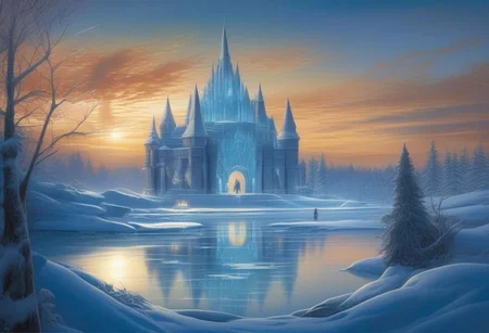 A whimsical winter wonderland,
with ice sculptures and twinkling lights adorning the frozen lake. evening,
intricate design,
cinematic lighting,
LP cover,
Giger Marc Simonetti print,
Mysterious
