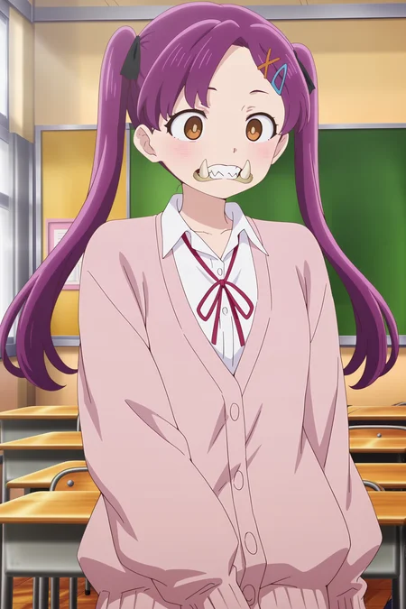 masterpiece, best quality, detailed background, detailed face, anime screencap,
<lora:Kanna_Andou_The_Dangers_in_My_Heart:.9>
1girl, ribbon, classroom, hair ornament, purple hair, red ribbon, solo, neck ribbon, twintails, white shirt, long hair, cardigan, hairclip, shirt, Kanna Andou (character), cowboy shot, (mouth open, walrus tusks for teeth:1.2)