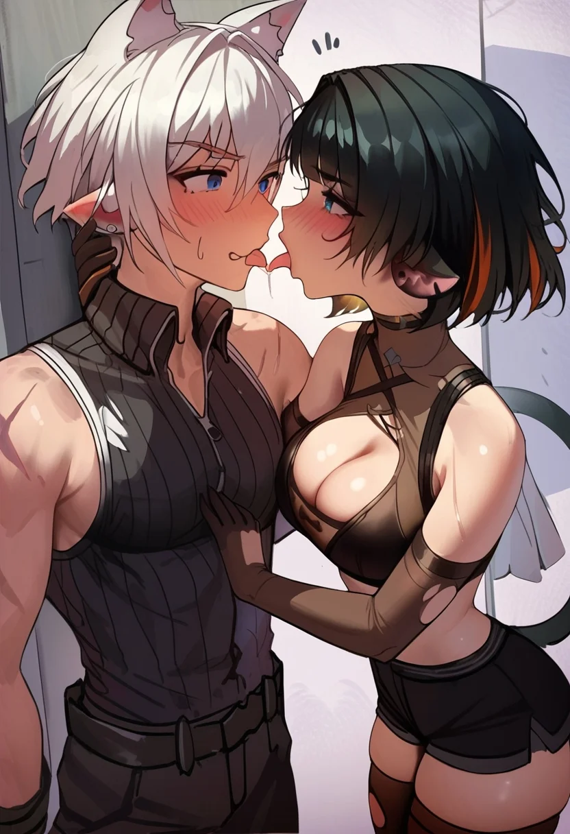 (score_9,score_8_up:1.1),score_7_up, high quality,
Hyuk_(yeayeo), 1girl, 1boy, black hair, animal ears, tongue, hetero, breasts, gloves, tongue out, thighhighs, blue eyes, blush, pointy ears, short hair, shorts, white hair, tail, multicolored hair, cleavage, elbow gloves, torn clothes, black shorts, bound, crop top, sleeveless, black gloves, looking at another, bare shoulders, cat ears, scar