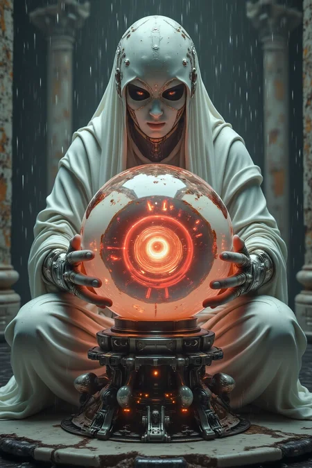 YFG-Sm0rg, YFG-Zaat, 8K ultra-detailed shot of a veiled marble oracle seated at a stone altar, hands clasped over a glowing crystal ball. Rain falls gently around it, untouched by an invisible force field. Red and white light spirals within the orb, projecting holograms of Trojan War battles into the fog. Behind, Delphi-like ruins loom. Details: micro-cracks in the crystal, ethereal smoke rising from the altar.