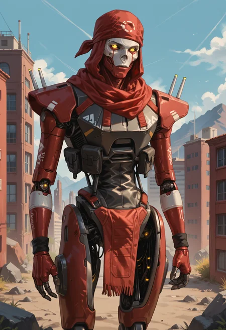score_9, score_8_up, score_7_up, score_6_up, score_5_up, score_4_up, BREAK, revenantpdxl, humanoid robot, red bandana, robot, 1boy, solo, red scarf, yellow eyes, cowboy shot, cyberpunk background, buildings, mountains <lora:Revenant:0.7>