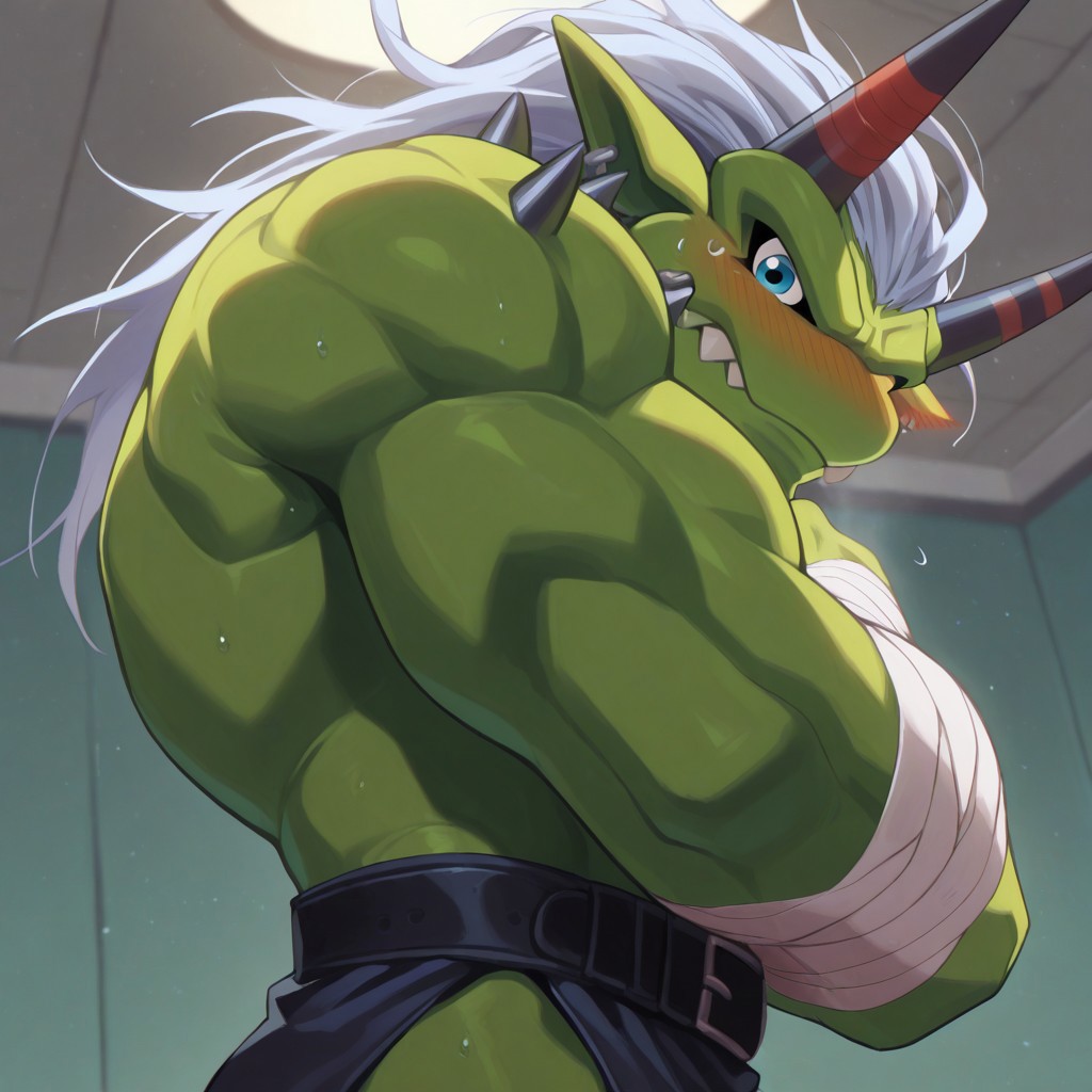 High quality, good shots, ogre10101110, Ogremon, digimon, 1boy, solo, green skin, blue eyes, teeth, open mouse, no nose, bandages, loincloth, horns, black horns, gym background, flushed, side angle shot, arms crossed, looking at viewer, upper body shot, (shy:1.6), flushed