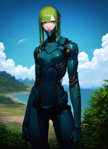 artist:, masterpiece, best quality, newest, very awa, absurdres, highres, tmnh, 1girl, cyborg, looking at viewer, green hair, braids, nature, cloudy, godrays, cherry trees, river going into horizon, detailed, <lora:Tsutomu_Nihei_Blame_Style_Illustrious:1.0>