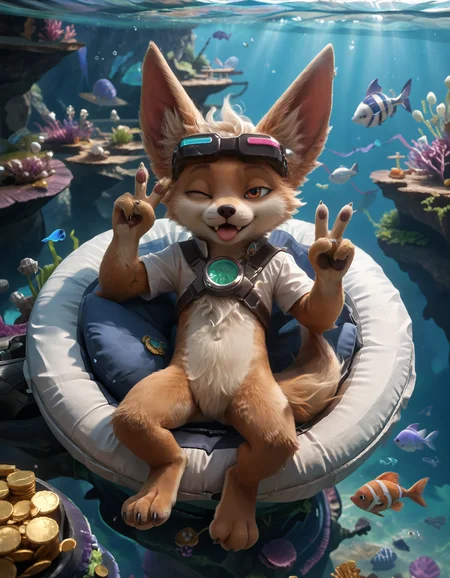 score_9, score_8_up, score_7_up, BREAK (anthro, furry:1.1), depth of field, cinematic lighting, masterpiece, detailed hands, detailed face, best quality, ultra realistic, 4k, 2k, film photography, RAW photo, photorealistic, analog style, subsurface scattering, photorealism, embedding:unaestheticXL_bp5, embedding:zPDXL,(best quality, high quality, 8K:1.5), <lora:add-detail-xl:2.5>, <lora:fix_hands.safetensors:2.0>, <lora:2.5DRealisticV2.safetensors:0.2>, <lora:sinfully_stylish_SDXL.safetensors:0.6>, <lora:AdvancedEnhancerXLv2.safetensors:1.0>, (hi res), ((masterpiece)), ((best quality)), illustration, <lora:Chip_the_Fox_Mobile_Legends.safetensors:0.7>, anthro, furry, chip the fox, fennec fox, 1boy, ocean, animal feet, sunglasses, day, eating, fish, pillow, blurry background, tan fur, smile, on back, feet, goggles, body fur, coin, fox ears, underwater, tail, 3 toes, chest tuft, cheek tuft, eyewear on head (portrait, (wink:1.2), (tongue out:1.1), (v sign:1.15), solo, cute fangs, t-shirt, dressed:1.15)