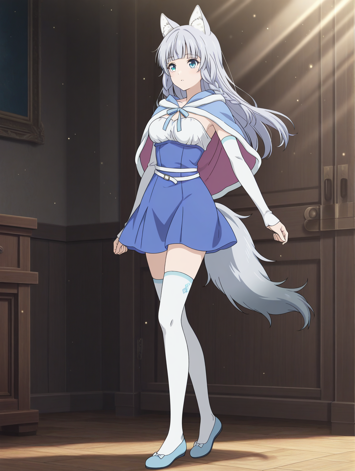 (blue capelet blue dress detached sleeves white thighhighs blue flats:1.50), 
km-shigure, blue eyes, grey hair, bangs, long hair, wolf ears, wolf tail, 
medium breasts, 1girl, 
(masterpiece, highres, ultra-detailed,very aesthetic, best quality, absurdres, high quality, highres), 
,
,
(:1.20), 
BREAK,
,
light particles light rays
,
(solo:0.80), (skinny:0.8),
(),
<lora:km-shigure-V04-illXL:0.70>