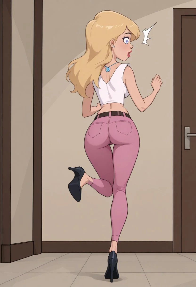 masterpiece, best quality, amazing quality, very aesthetic, absurdres, newest, 1girl, solo, indoors, adult, adult age, grown up, curvy, RS2SDXL, Human Female, Blue Eyes, Blonde Hair, Long Hair, Lips, Red Lips, crop top, Small White Top, out grown clothes, Sleeveless, Necklace, Earrings, Stud Earrings, Midriff, Belt, tight Pink Jeans, shocked, surprised, full body, heels, sexy, seductive, cleavage, running, jogging, rear view, sexy butt, from behind,