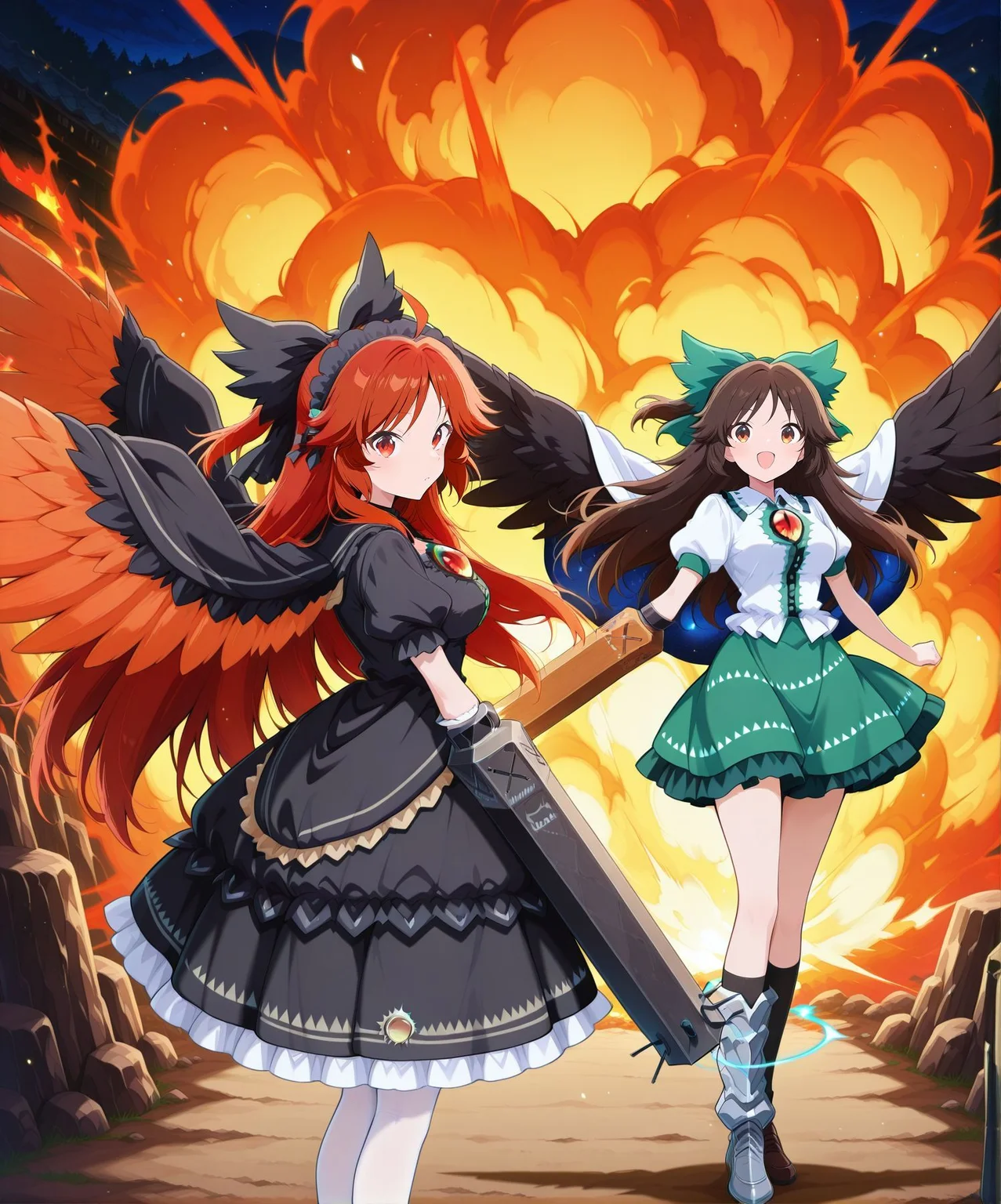 night, 2girls, multiple girls, fire, explosion, looking at viewer, floating hair, standing, alongside, light particles, BREAK
absurdres, highres, masterpiece, best quality, amazing quality, official anime artwork, screencap, anime screencap, BREAK
(<lora:Utsuho-Reiuji_IllustriousV2:1.3> reiuji utsuho, 1girl, solo, red eyes, red hair, long hair, ahoge, orange wings, bird wings, third eye, breasts,, reiuji utsuho \(the tiny queen's charcoal maker\), alternate costume, alternate hair color, black hairband, frilled hairband, black bow, hair bow, black neck ribbon, black cape, black dress, asymmetrical sleeves, wide sleeves, frilled sleeves, frilled skirt, white pantyhouse, chains, crenoline, detached skirt, green jewel,, arm cannon, black cannon,:1.6) BREAK
reiuji utsuho, 1girl, solo, brown eyes, brown hair, long hair, ahoge, black wings, bird wings, third eye, breasts,, green bow, hair bow, white cape, white shirt, green skirt, puffy short sleeves, asymmetrical footwear, arm cannon, :d, BREAK
