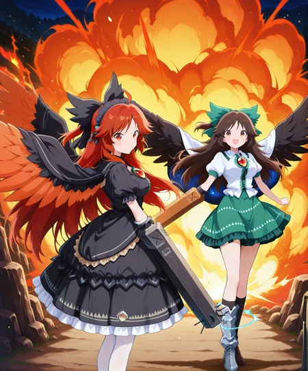 night, 2girls, multiple girls, fire, explosion, looking at viewer, floating hair, standing, alongside, light particles, BREAK
absurdres, highres, masterpiece, best quality, amazing quality, official anime artwork, screencap, anime screencap, BREAK
(<lora:Utsuho-Reiuji_IllustriousV2:1.3> reiuji utsuho, 1girl, solo, red eyes, red hair, long hair, ahoge, orange wings, bird wings, third eye, breasts,, reiuji utsuho \(the tiny queen's charcoal maker\), alternate costume, alternate hair color, black hairband, frilled hairband, black bow, hair bow, black neck ribbon, black cape, black dress, asymmetrical sleeves, wide sleeves, frilled sleeves, frilled skirt, white pantyhouse, chains, crenoline, detached skirt, green jewel,, arm cannon, black cannon,:1.6) BREAK
reiuji utsuho, 1girl, solo, brown eyes, brown hair, long hair, ahoge, black wings, bird wings, third eye, breasts,, green bow, hair bow, white cape, white shirt, green skirt, puffy short sleeves, asymmetrical footwear, arm cannon, :d, BREAK