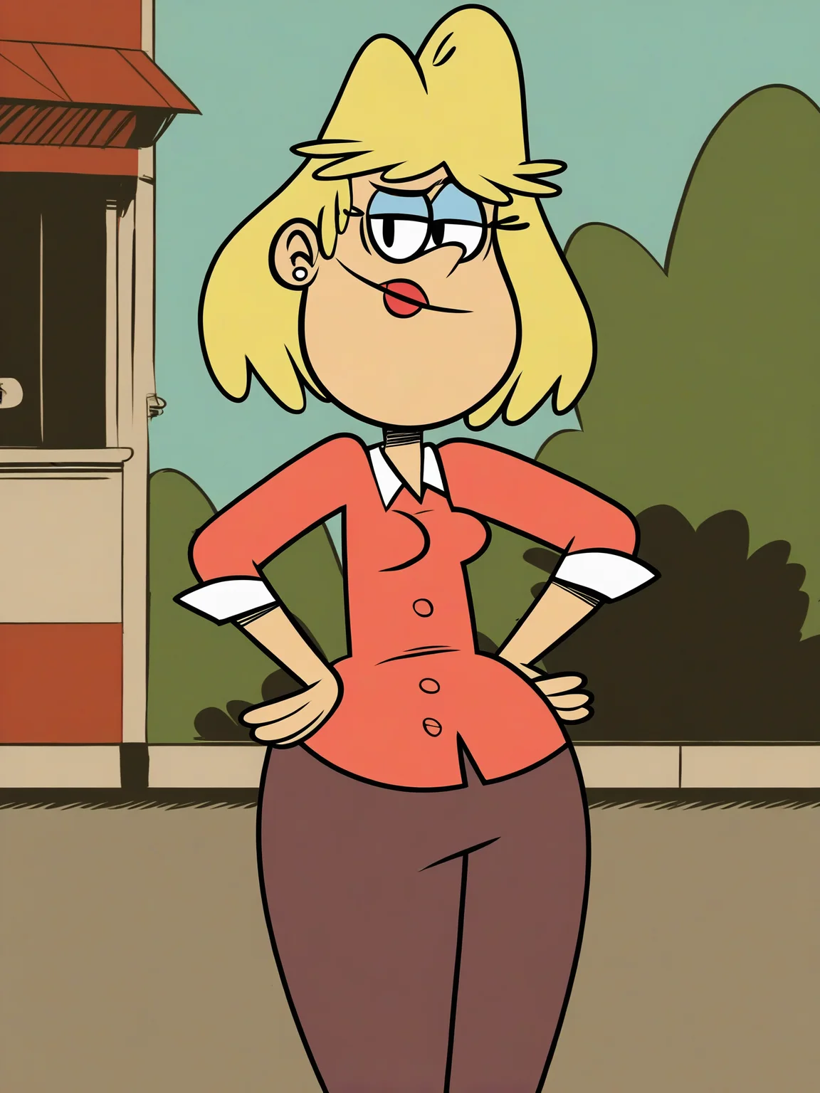 <lora:RitaLoudPony1.0:1> rita_loud, 1girl, solo, blonde hair, short hair, earrings, jewelry, rita loud, smile, lipstick, stud earrings, shirt, pants, outdoors, looking at viewer, hand on own hip, score_9, score_8_up, score_7_up, score_6_up, score_5_up, score_4_up