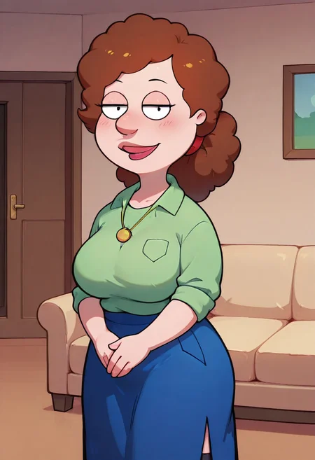 score_9,score_8_up,score_7_up,score_6_up,best quality, 1girl, solo, living room, couch, indoors,
BREAK
unnamed girl, brown hair, black eyes, big nose, (mature female:1.5), (plump:1.2), large breasts, gigantic hips, thick thighs, green sweater, rolled up sleeves, blue skirt, stockings, own hand together, blush, smile, looking at viewer, long skirt, half-closed eyes, necklace,