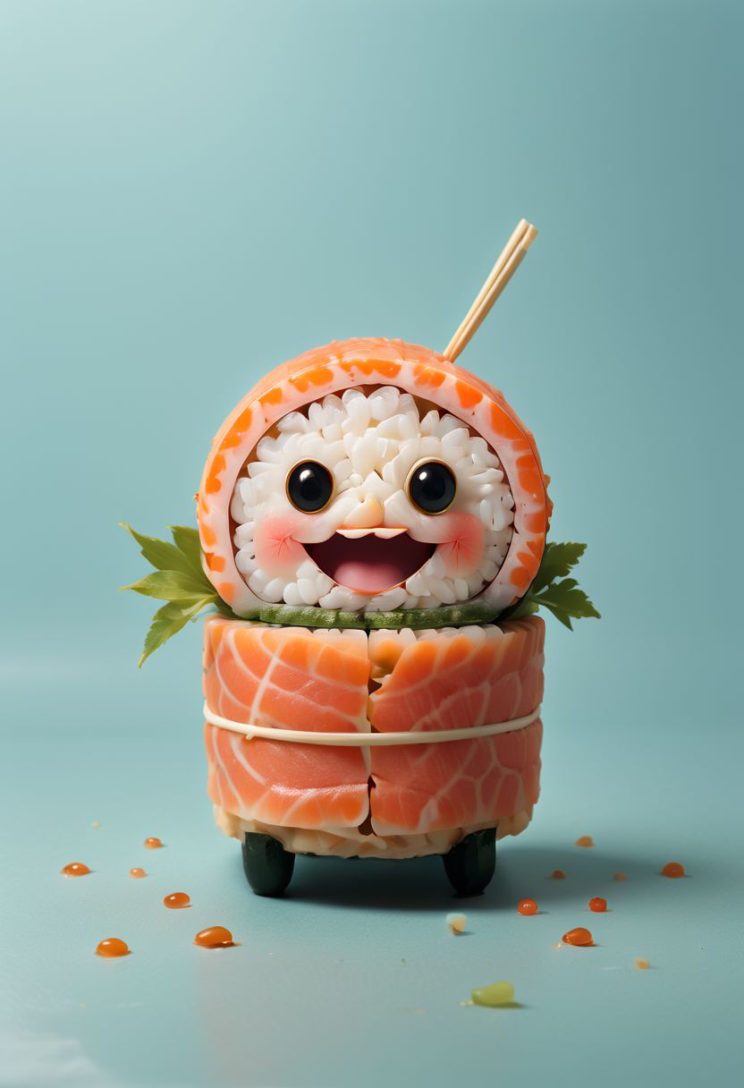 A cute, happy sushi roll, surreal