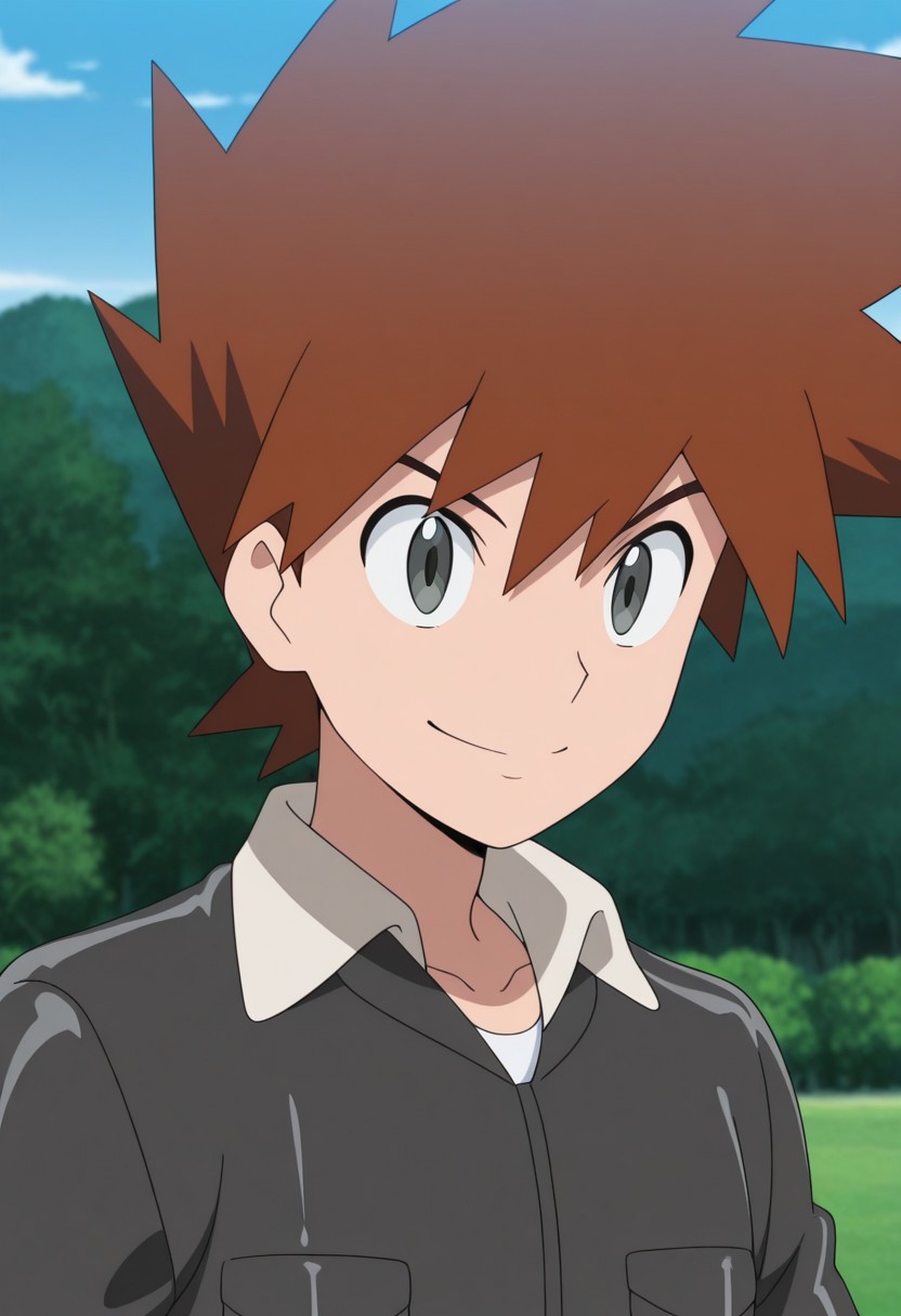 masterpiece,best quality,amazing quality, source_anime, 
shige_jou, 1boy, male focus, solo, grey eyes, brown hair, spiked hair, shirt, white shirt, collared jacket, jacket, black jacket, portrait, smile,
outdoor,