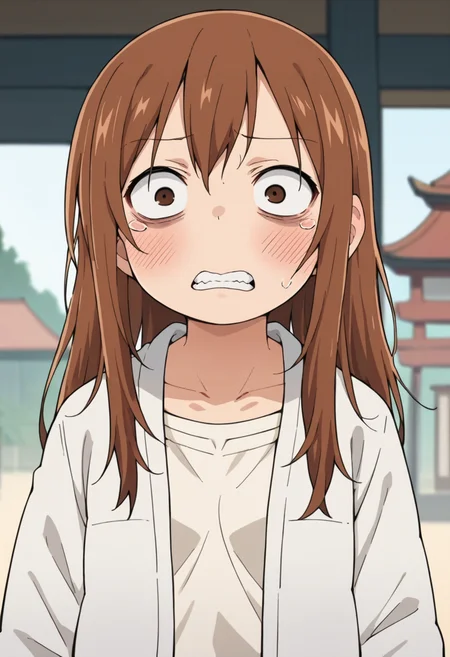 score_9, score_8_up, score_8, source_anime, 1girl, <lora:Miyashita:0.95> solo, brown eyes, brown hair, long hair, loose hair, white jacket, blush, teeth, shocked, constricted pupils, looking at viewer,
japanese shrine background, blurry background,