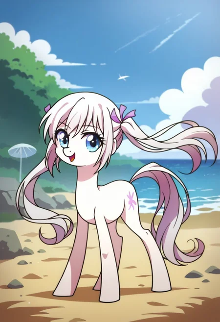 score_9, score_8_up,
komako semenovich, rating_safe, source_pony, feral, flat colors, flat shadows, dynamic pose, beach, palm