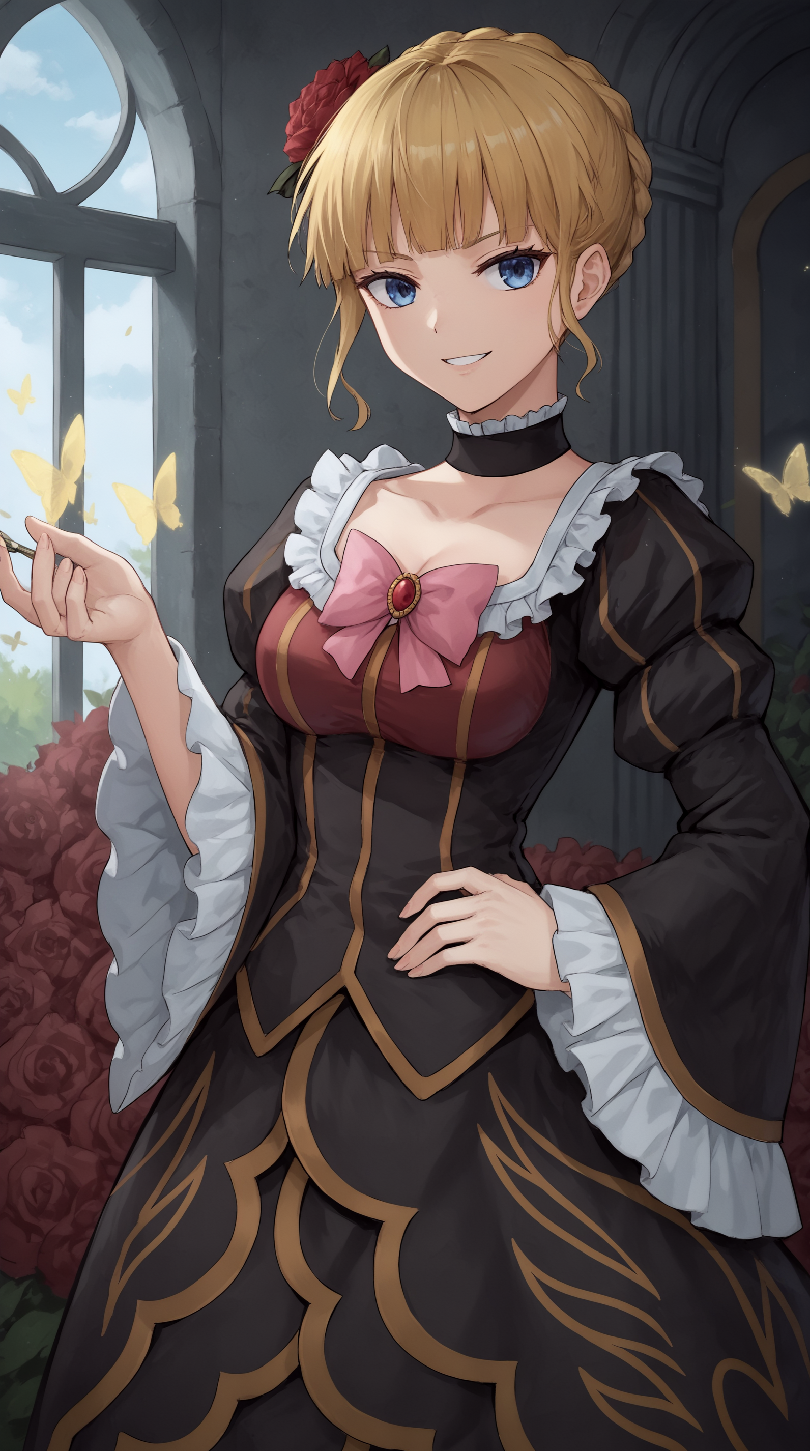 score_9, score_8_up, score_7_up, best background, detailed background, 4k, upscale, anime_source,  Beatrice, Main Outfit, solo, looking at viewer, smile, holding, flower, bug, red flower, butterfly, hand on hips, yellow butterfly, indoors, corridor,  <lora:JN_Beatrice_Pony:0.8>