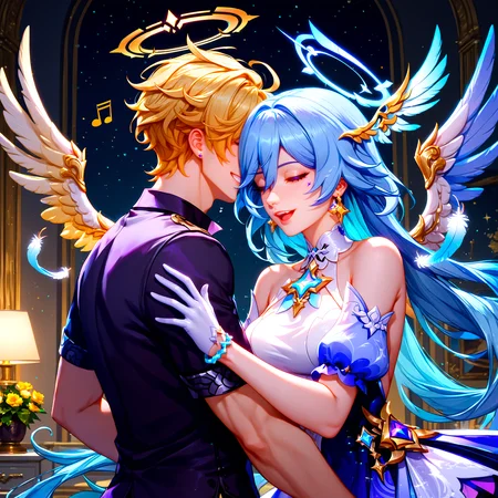 (zPDXLxxx), (zPDXL2), source_anime, rating_explicit, Expressiveh, <lora:score9DoraForPony_v20:1>, <lora:Expressive_H:1>, <lora:SDXLFaeTastic2400:1>,detailed_background,indoors,smile,musical note,wings,upper teeth only,teeth,bare shoulders,floating hair,hand up,open mouth,highres,feathers,honkai \(series\),detached sleeves,facial mark,dress,gloves,jewelry,short sleeves,absurdres,white dress,halo,anjilu,two-tone dress,white gloves,alternate costume,1girl,falling feathers,feathered wings,honkai: star rail,head wings,long hair,earrings,robin \(honkai: star rail\),purple dress,bracelet,blue hair,standing