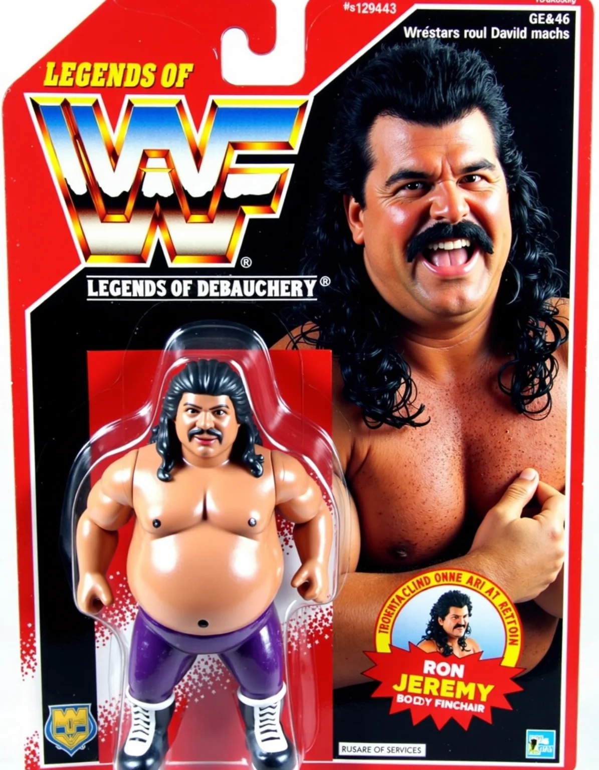 old color photo, a WWF Legends of Debauchery line Hasbro small plastic toy RON JEREMY, fat with a greasy black mullet and mustache, on a red card. A lot of body hair. , analog, faded