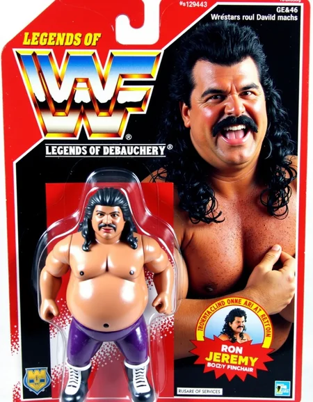 old color photo, a WWF Legends of Debauchery line Hasbro small plastic toy RON JEREMY, fat with a greasy black mullet and mustache, on a red card. A lot of body hair. , analog, faded