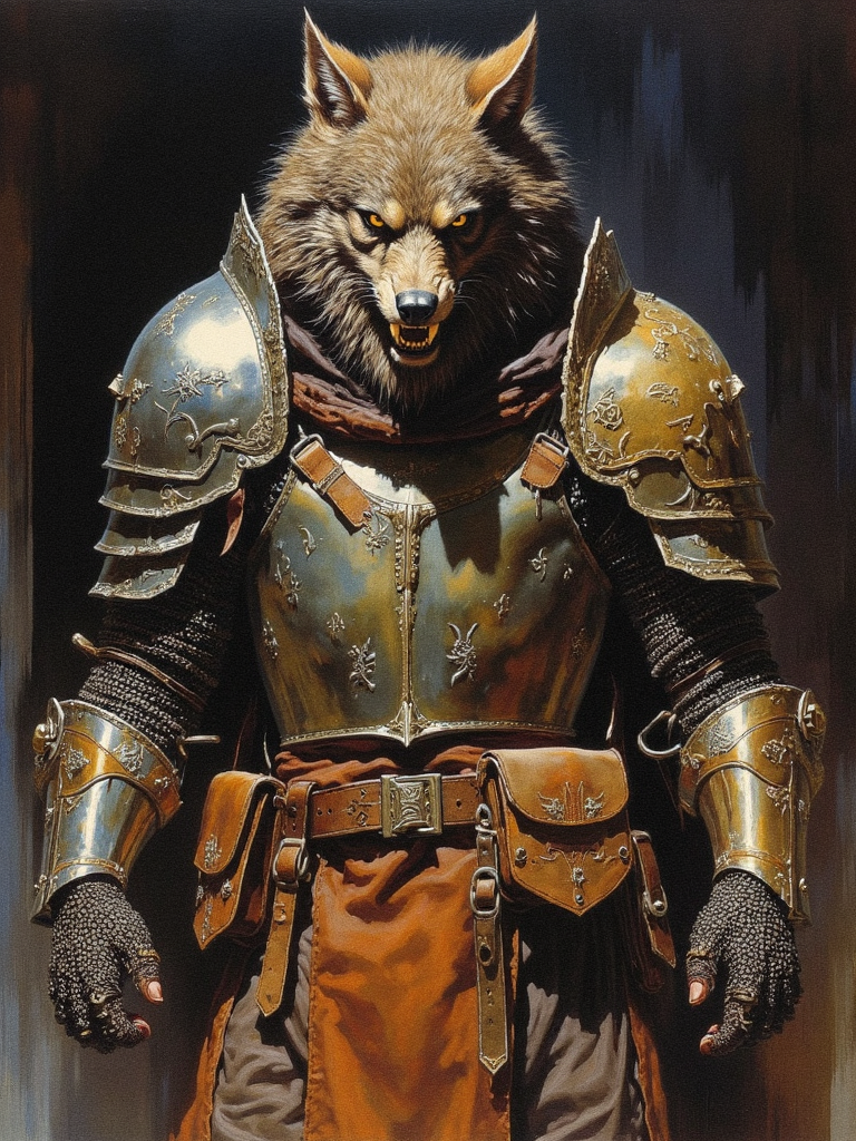 drkfnts style,  detailed portrayal of a fierce anthropomorphic wolf-like creature dressed in ornate armor. The creature's fur is a mix of dark browns and blacks with piercing yellow eyes and sharp teeth. The armor is metallic with intricate designs and textures predominantly in shades of gold silver and bronze. The wolf's pose is assertive with its head held high and its gaze fixed forward exuding an aura of readiness and vigilance. The armor is adorned with various pouches belts and gauntlets all of which are intricately designed with a mix of leather metal and chainmail. The wolf's fur is thick and unkempt giving it a rugged appearance. The armor is complemented by a belt with a buckle and the background is dark and shadowy adding to the intensity of the scene. There is no discernible text present and the coloration is dominated by earthy tones with the wolf's fur and armor standing out against the darker backdrop. <lora:sxz-Dark-Fantasy-v2-Flux:1>