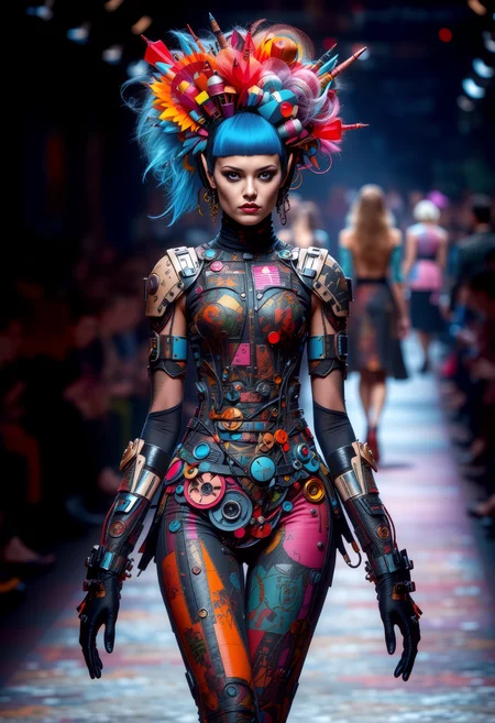 A vibrant runway showcases avantgardepunk fashion, where models strut with bold, colorful hairstyles and makeup, their faces adorned with intricate mechanical_arms and cybernetic implants. The clothing, a fusion of punk and futuristic styles, features distorted proportions and abstract shapes, leaving the audience captivated by the unique blend of art and technology. <lora:art and styles/MysticFantasy.safetensors:1.0>, <lora:wlop:0.8>,wlop, <lora:flux_trainer/fluxPunk_v11>