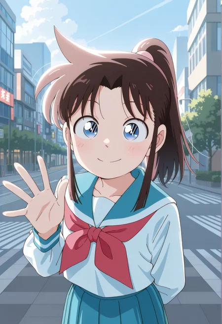 1girl, brown hair, long hair, sidelocks, ponytail, blue eyes, serafuku, outdoors, city, looking at viewer, waving, smile <lora:saya_yaiba:1>, masterpiece, best quality, amazing quality, very aesthetic, absurdres, highres, newest
