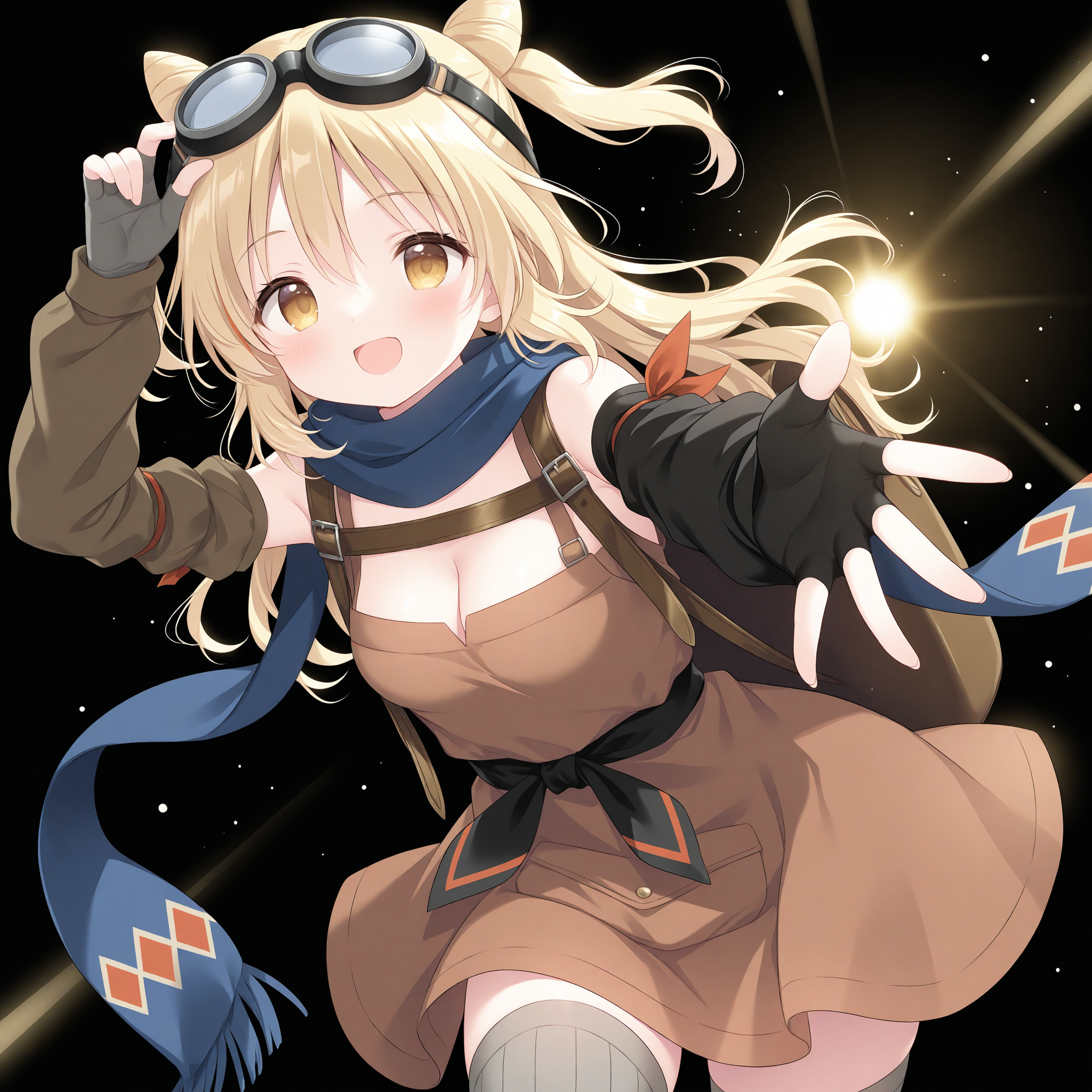 <lora:Milia_Meulendolff_1_nai-000034:1>,Milia Meulendolff,
two side up,hair bun,ribbed legwear,bare shoulders,cleavage,goggles on head,elbow gloves,fingerless gloves,black gloves,brown dress,puffy sleeves,blue scarf,backpack,brown sleeves,grey thighhighs,
1girl,solo,smile,looking at viewer,:d,hand on headwear,reaching towards viewer,dark,black background,glowing,light,front view,