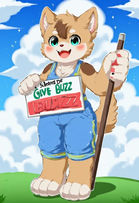 by sonichasautismmix sdgs, cute furry cat girl holding sign with text "GIVE BUZZ", Detailed hand, Hand, Perfect hand, Foot, Feet, aidmaimageupgrader, sky background, beautiful background, detailed background, cute furry cat girl isn't tomboy, solo