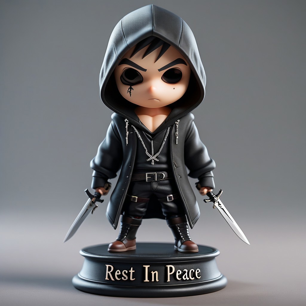 cinematic photo male hoody assassin with tatto and daggers, "rest in peace" is written on the base <lora:Cute_Collectible:0.8>, 35mm photograph, film, bokeh, professional, 4k, highly detailed