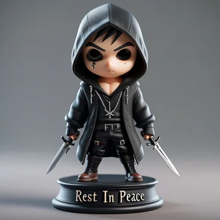 cinematic photo male hoody assassin with tatto and daggers, "rest in peace" is written on the base <lora:Cute_Collectible:0.8>, 35mm photograph, film, bokeh, professional, 4k, highly detailed