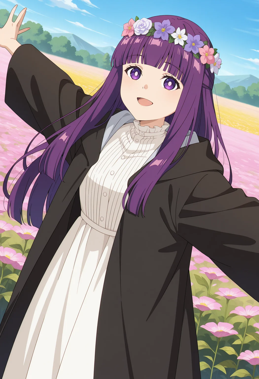anime screencap, masterpiece, best quality,
<lora:SousouNoFrieren_Fern_IlluXL:0.9>,
1girl, solo, open mouth, light smile, head wreath, hair flower, happy,
purple hair, long hair, purple eyes, bright pupils, blunt bangs,
FernCasual, striped dress, white dress, black robe, open robe, hood down, frilled collar,
spread arms, looking at the viewer,
outdoors, flower field, blue sky