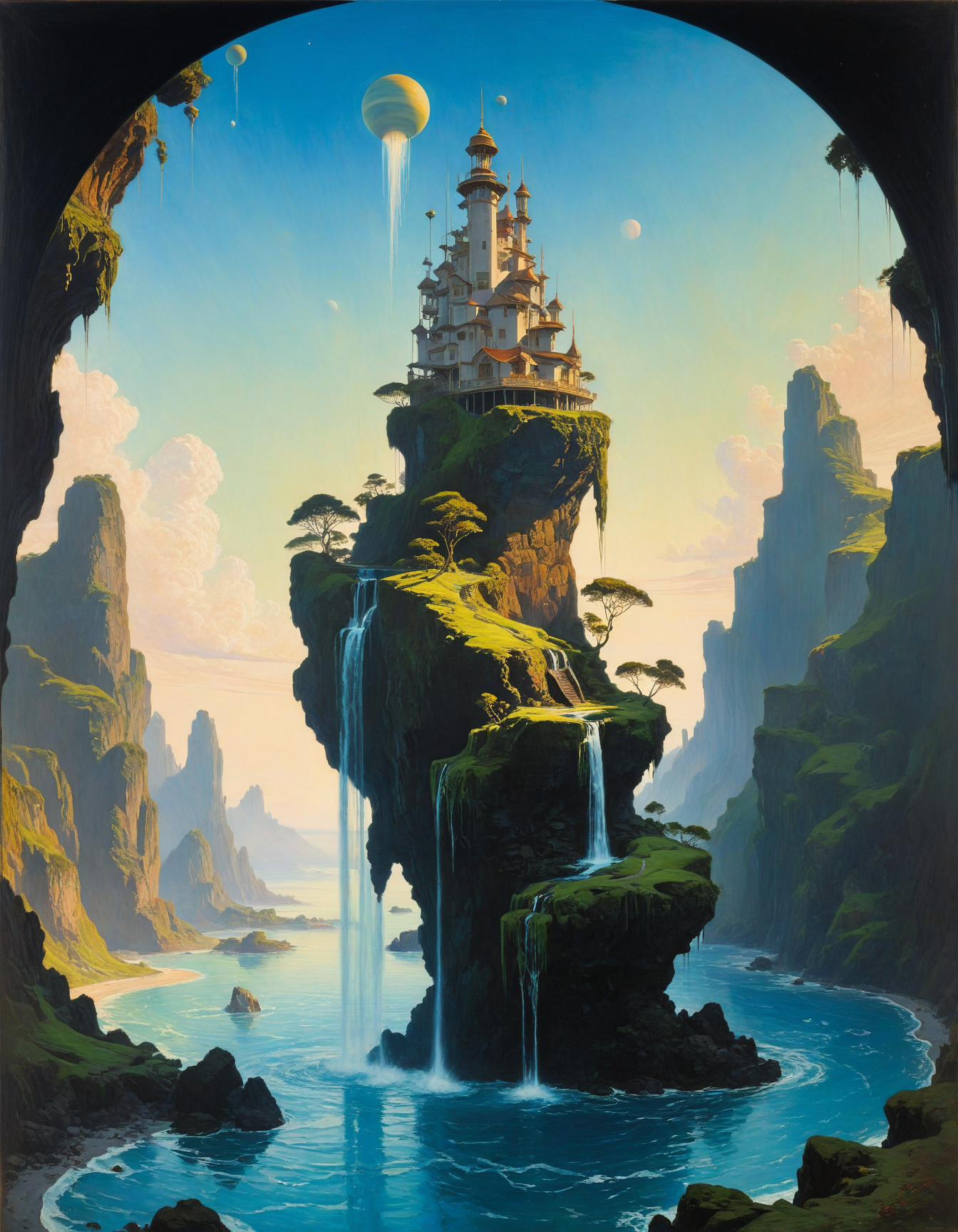 by Charles Courtney Curran and Charles Rennie Mackintosh, (biogenetic,  otherworldly, bizarre, advanced, extraterrestrial,  Sky Ocean Planet, Ocean planet with floating islands and sky-bound waterfalls.:1.4), hyper detailed, poster art, bold lines, expressive drawing,  award winning, (intricate details, masterpiece, best quality:1.4),
looking at viewer, dynamic pose
<lora:add-detail-xl:1> <lora:xl_more_art-full_v1:0.5>  <lora:NicolaSamori:0.5> in the style of nicola samori <lora:looking_at_viewer:2>