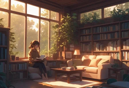 FFCB, Simple Anime, Cozy study corner at the library, plant, bookshelves, reading lamp, big glass windows, 1woman reading a book