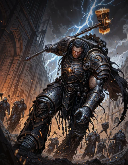 masterpiece, best quality,high quality, newest, highres,8K,HDR,absurdres, 1boy, solo, iLLFerrusM40k, armor, metallic arms, lightning hammer, evil, handsome, short hair, broken battlefield, smoking ruins, defeated dragon in background, medieval fantasy, determined expression, torn cape, glowing embers, cinematic lighting, dynamic pose, foreshortening, intense depth of field, epic composition, heroic warrior, gritty realism, medieval battlefield, dust and ash in air, intricate details, medieval legend aesthetic., detailed background, dynamic pose, dynamic composition,dutch angle, detailed backgroud,foreshortening,blurry edges, <lora:iLLFerrusM40k:1> <lora:iLLMythM4gicalL1nes:0.7> M4gicalL1nes