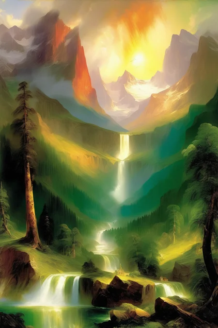 <lora:Thomas Moran Style:1>Thomas Moran Style - In this utopian society, envision a stunning landscape painting by Thomas Moran. Majestic mountains rise in the distance, their peaks touched by a golden sunset. Verdant forests and cascading waterfalls create a sense of tranquility and serenity. The visual image captures the beauty of nature that serves as the foundation for this utopia, inspiring awe and reverence.