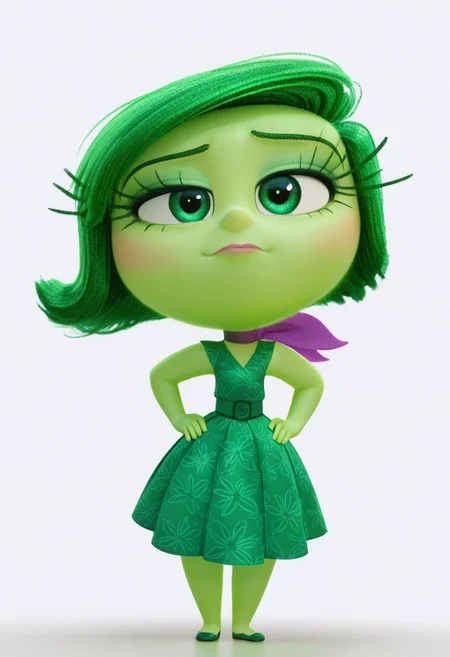 solo, d15gu5t, front view, standing, blank background, looking at viewer, hands on hips, eyes half closed, full body