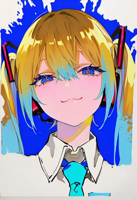 masterpiece,best quality,absurdres, amazing quality, hi res, masterpiece, best quality, detailed, amazing quality, detailed face, detailed eyes, clean eyes, best quality, highres, very aesthetic, newest, ultra-detailed, illustration, (best quality:1.1),ultra-detailed, high resolution, super detailed skin, beautiful detailed eyes, nsfw, Brightly Lit, Highly Visible, 8k, sharp focus, beautiful, perfect lighting, beautiful eyes, anatomically correct, anatomically correct face, extremely detailed eyes, smooth edges, beautiful face, symmetrical eyes, symmetrical face, BREAK 748cmstyle, newest, (colorful:0.5), (lineart:0.8), (silhouette:0.4), StainedArt_IL, sketch, paint splatter, Spill Art, coffee spill art, 1girl, looking at viewer, brown hair, portrait, 1girl, hatsune miku, looking at viewer, necktie, blue eyes, smile, blue hair, traditional media, collared shirt, portrait, hair between eyes, closed mouth, bangs, twintails, headphones, :3, eyelashes, headset