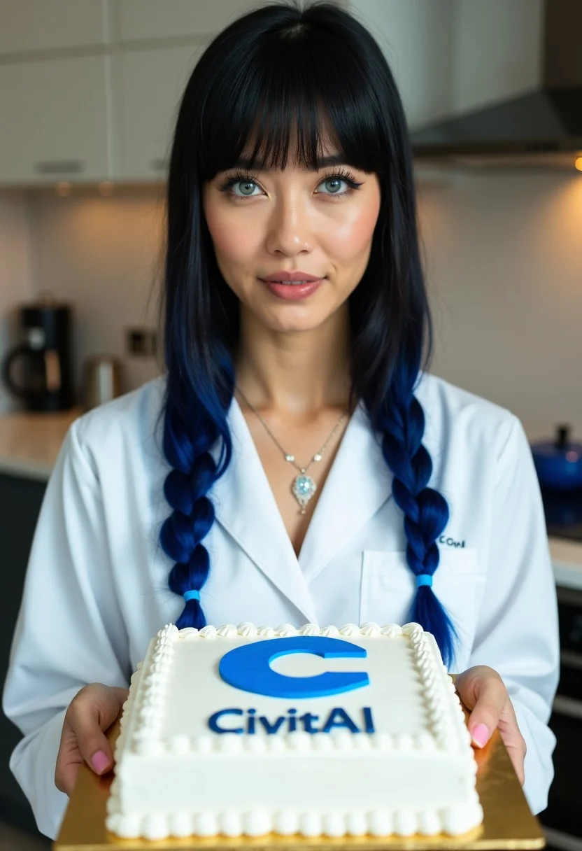 A beautiful woman holding a rectangular white frosted cake that says "CivitAI" with the blue "C" civitaiLogo in the center. The woman has long straight black hair with long braided blue hair hanging down while wearing a necklace and labcoat. She has blue eyes and short bangs framing her face. Behind her is a neat and tidy kitchen with soft lighting.