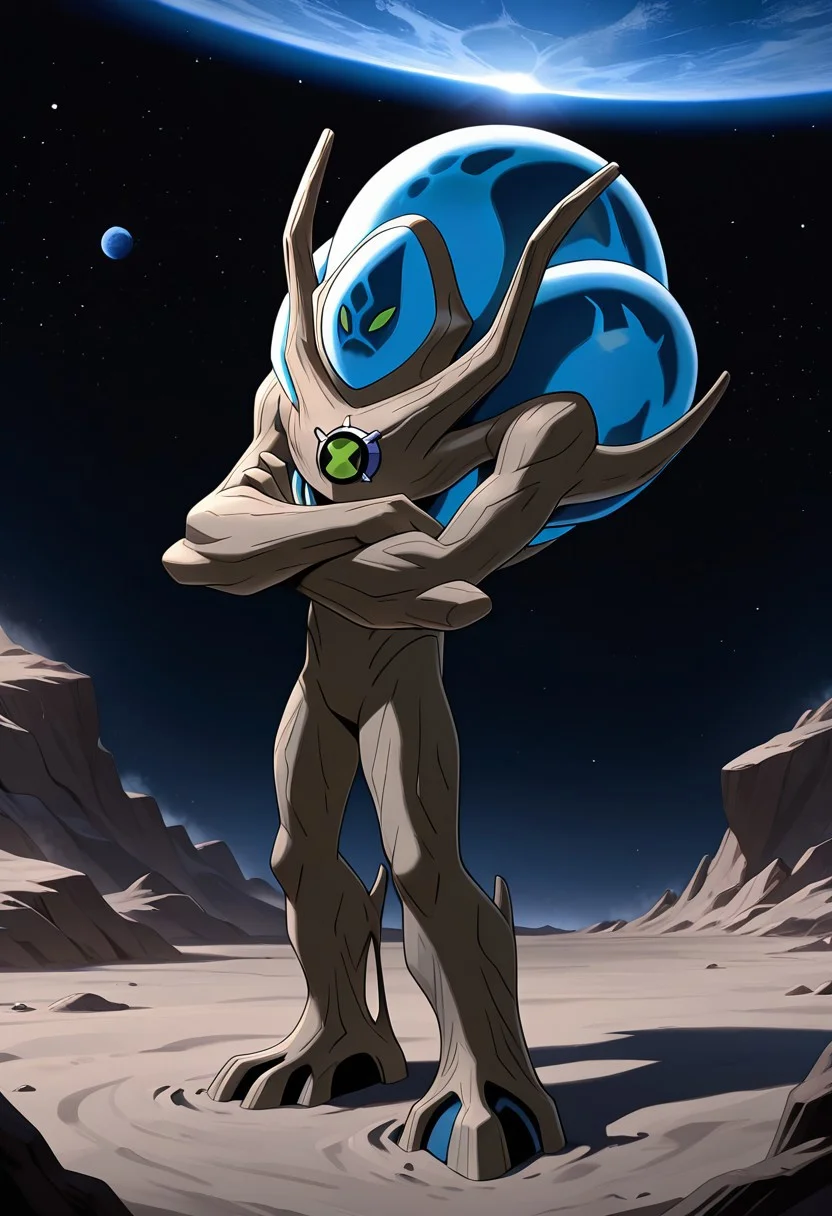 masterpiece, best quality, amazing quality, very aesthetic, absurdres, newest,
,ultswam, standing, pokemon (creature), solo, green eyes, monster,, alien, massive arms, no humans,
crossed arms, in space, lunar surface, space, atmosphere layer, ozone, blue sun,