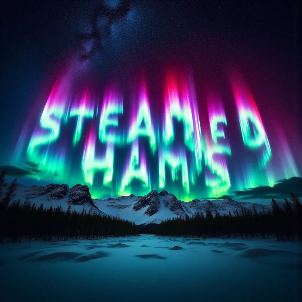 Digital artwork showcasing a breathtaking aurora borealis display in a nighttime landscape. The central subject is the word "Steamed Hams", stylized in glowing, ethereal colors, rendered in vibrant hues of green, blue, and pink,, appearing to be formed by the swirling aurora lights.