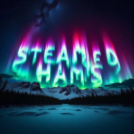 Digital artwork showcasing a breathtaking aurora borealis display in a nighttime landscape. The central subject is the word "Steamed Hams", stylized in glowing, ethereal colors, rendered in vibrant hues of green, blue, and pink,, appearing to be formed by the swirling aurora lights.