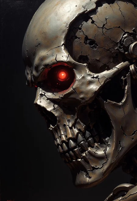 detailed renaissance oil painting, masterpiece, FredFraiStyle, close up on face, great lighting, intricate detail, portrait of endoskeleton of terminator cybernetic machine soldier, with titanium skull and red glowing mechanical eyes, silhoutetted, directional lighting, masterpiece, perfect composition, perfect hands, cowboy shot